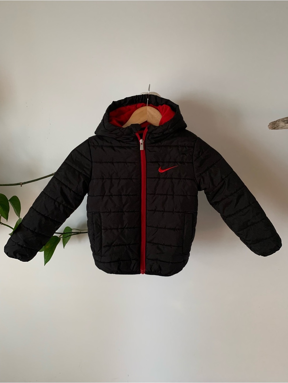 Nike Black Puffer Jacket with Red Trim and Hood